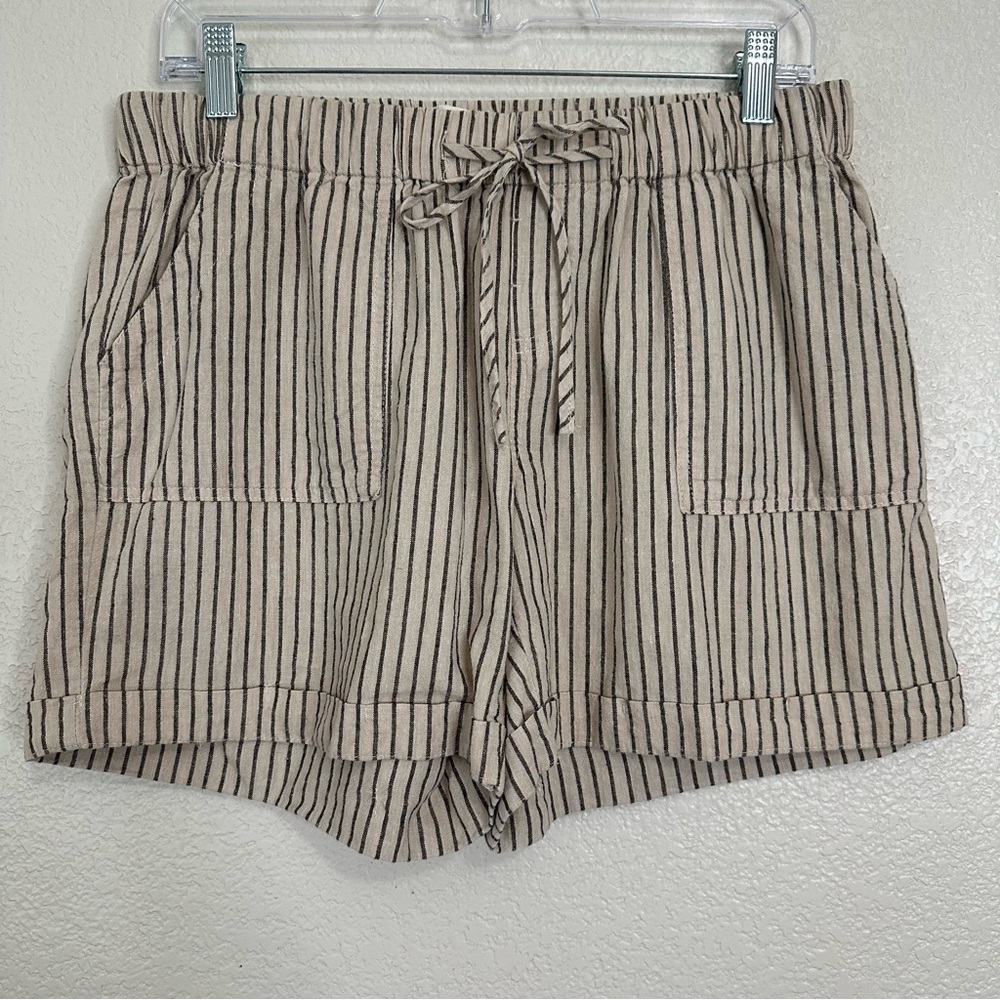 Just Living Linen Blend Tan Gray Striped Pull On Shorts, Sz Medium